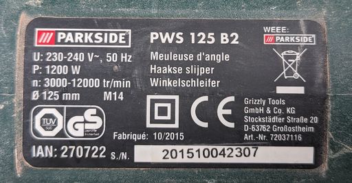 Etiquette de la meuleuse d’angle Parkside PWS 125 B2