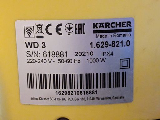 Etiquette de l’aspirateur Kärcher WD3