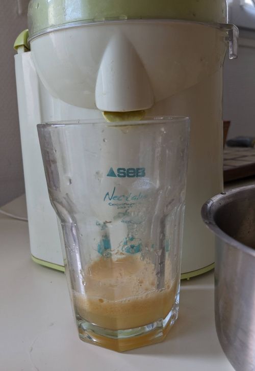 Un fond de jus trouble dans le verre, sous le bec verseur de la centrifugeuse
