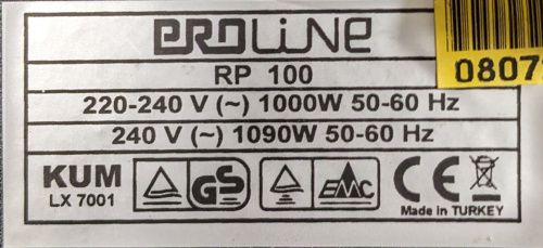 L’étiquette de la plaque en fonte : PROLINE RP 100, 1000W (1090W en 240V)