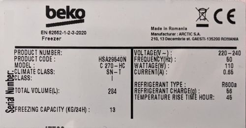 Étiquette du congélateur Beko modèle C270-HC&nbsp;: capacité de congélation 13 kg/24h, puissance 110W, réfrigérant R600a 56g, temps de montée en température 45h