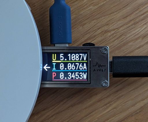 Wattmètre AVHzY C3 branché entre un chargeur et un répéteur Wifi