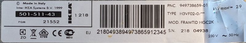 L’étiquette de la plaque vitro-céramique : IKEA FRAMTID HGC2K, 2,9 kW max, 230V