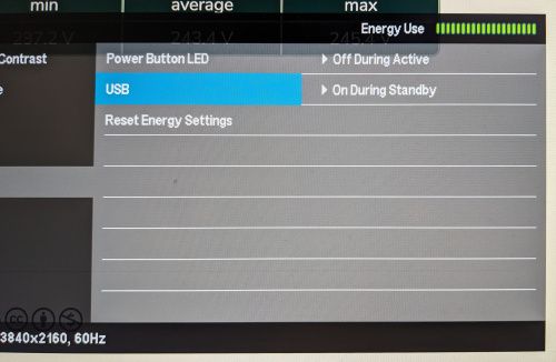 Sous-menu « Energy » du moniteur : options Power Button LED et USB