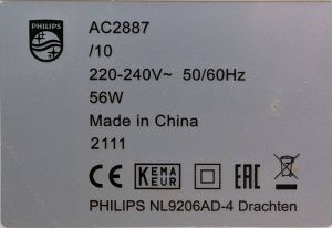 Étiquette du Philips AC2887/10 indiquant 220-240V~ 50/60Hz 56W
