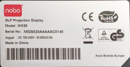 Étiquette signalétique&nbsp;: Nobo WX28, AC 100-240V~ 50-60Hz/2.6A